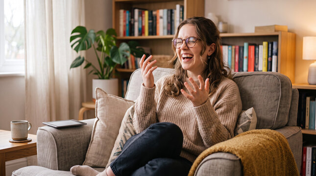 Young woman in glasses reading ebook using digital reader while sitting in comfortable armchair at home