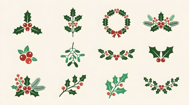 Flat vector collection of Christmas holly icons featuring holly leaves, berries, wreaths, mistletoe, pine branches, and festive botanical decorations. Perfect for holiday greeting cards, invitations, 