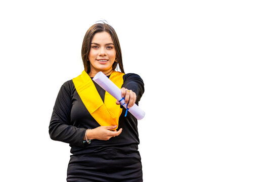 Female student graduate celebrating academic achievement with diploma. PNG