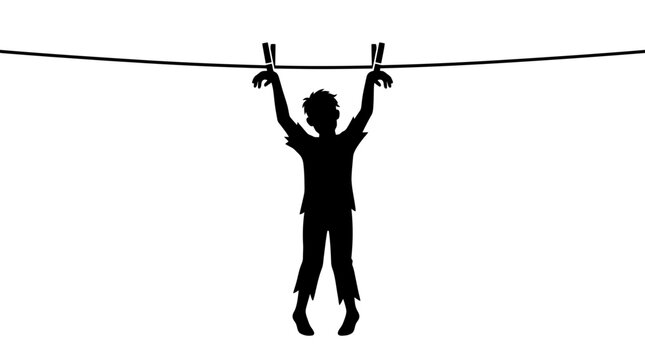 Halloween Man hanging from wire by clothespins vector. Black silhouette of person suspended on rope with pegs in hands. Two figures illustration for concept design or layout. vactor