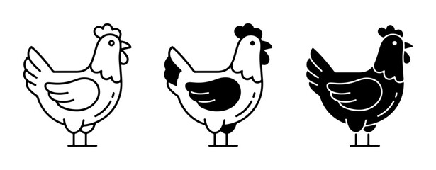 Fototapeta premium Chicken Icons Set, Farm Animal Vector Graphics, Poultry Illustrations, Simple Line Art and Silhouette Designs