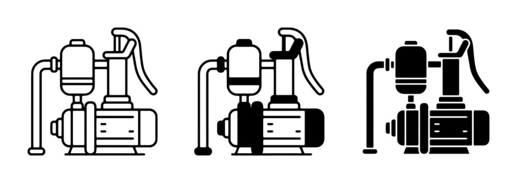 Water Pump Icons, Industrial Equipment Vector Set, Manual Pumping Machine Graphics, Fluid Transfer System Illustrations