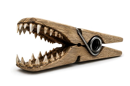 Vintage wooden clothespin designed with dangerous sharp shark teeth isolated on white background