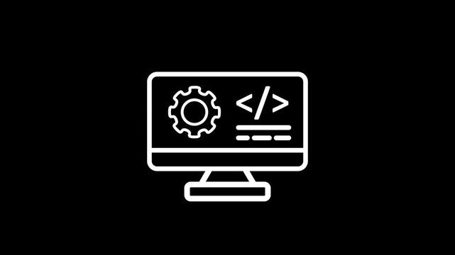 Software Development Monitor Icon, Coding Interface, Programming Screen, Web Development, Code Editor, Developer Workspace, Technology Dashboard, Application Engineering, Minimal Outline Animation .