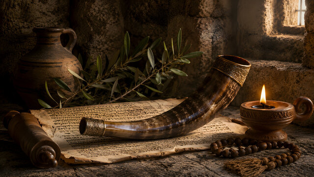 A shofar resting on an ancient scroll with a lit oil lamp and prayer beads