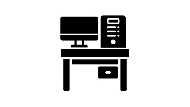 Desktop Computer Workstation Icon, Office Desk Setup with PC Monitor and System Unit, Workspace Equipment, Home Office, Business Technology, 4k animation .