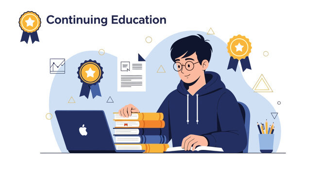 Student studying online for continuing education with laptop and books