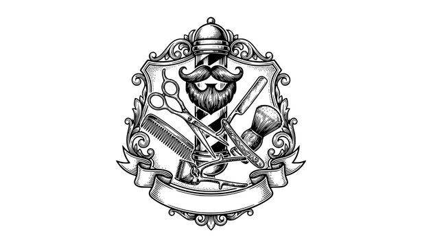 Retro Barber Pole Scissors Razor Antique Clippers Engraving Vector Collection