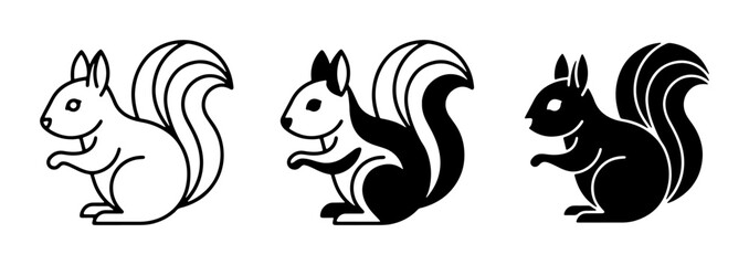 Fototapeta premium Three Stylized Squirrel Icons, Vector Silhouettes and Outline Art, Cute Forest Animal Graphics for Wildlife and Nature Themes