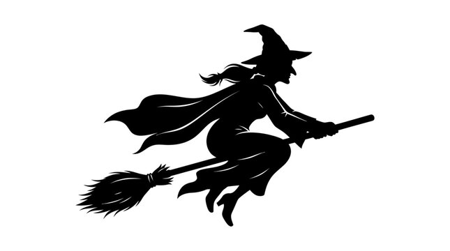 Helloween Halloween witch silhouette set, flying on broomstick vector icon, spooky Halloween witch, black witch symbol, party decoration graphic vactor