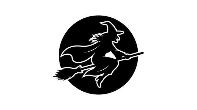 Helloween Retro witch on broomstick silhouette vector icon set, vintage flying magic Halloween symbol, black and white circular witch graphic for print and web design vactor