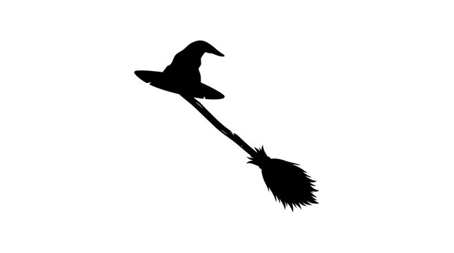 Helloween Flying witch silhouette, Halloween set with black hat and broom stick, spooky vector icons for holiday design and horror movie posters vactor