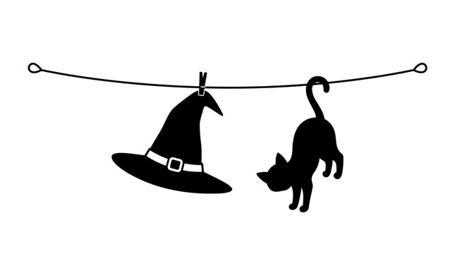 Helloween Halloween Witch Hat and Cat on Clothesline. Hanging Silhouette. Witches Hat, Black Cat. Spooky Symbol. Laundromat. Washed. Autumn Vector vactor