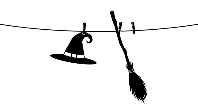 Helloween Halloween witch hat and broomstick hanging on rope silhouettes. Witches accessories on clothesline. Black vector illustration for spooky decorations and autumn seasonal design elements