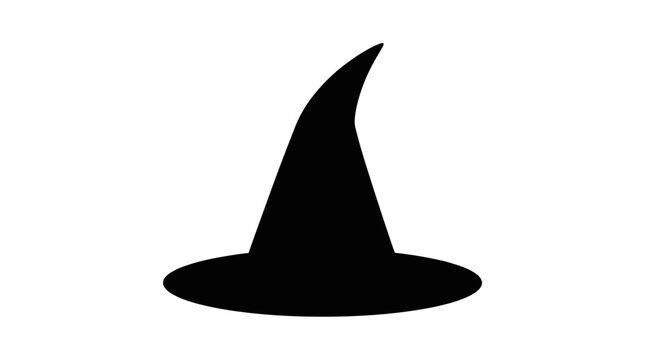 Helloween Black witch hat silhouette vector illustration. Halloween magic spell topper icon. Vintage cartoon sorcery hat shape. Mysterious spooky character accessory design for printing. vactor