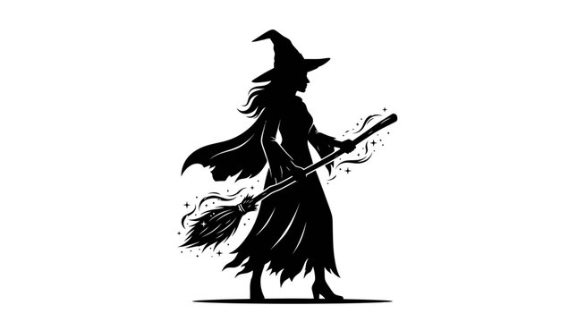 Helloween Vintage witch silhouette vector. Retro scary Halloween woman icon. Grunge black magic sorceress outline. Abstract hooded figure on broom. Spooky autumn character illustration. vactor