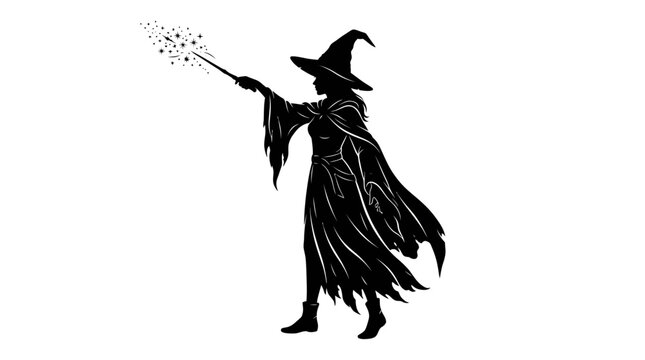 Helloween Halloween witch silhouette casting magic spell with sparkly wand. Mystery spellcaster vector illustration for design. Black Halloween character. vactor