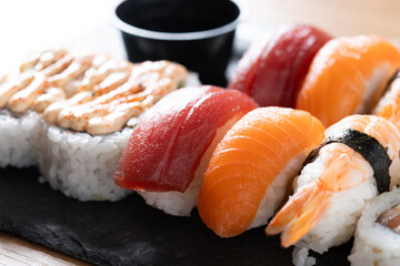 Assorted sushi platter with nigiri and rolls © chandlervid85