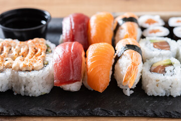 Assorted sushi platter with nigiri and rolls © chandlervid85