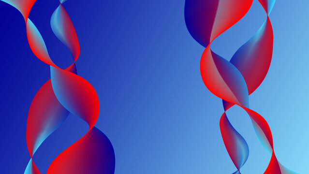 Abstract red and blue DNA helix spiral ribbon design on gradient blue background, futuristic science and technology concept illustration for medical, biotech and digital innovation themes