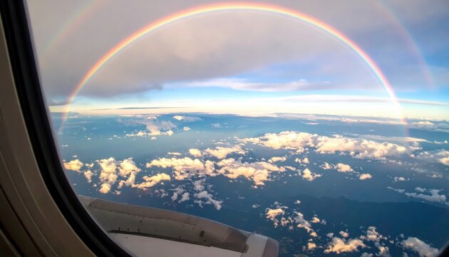 Double rainbow seen from airplane window above clouds at sunset with sun rays breaking through the atmosphere