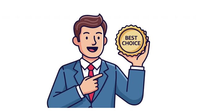 Animated Businessman Holding Best Choice Badge Motion Graphic