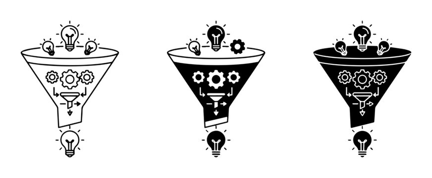 Funnel Icon Set: Idea Generation to Process Optimization, Vector Graphics