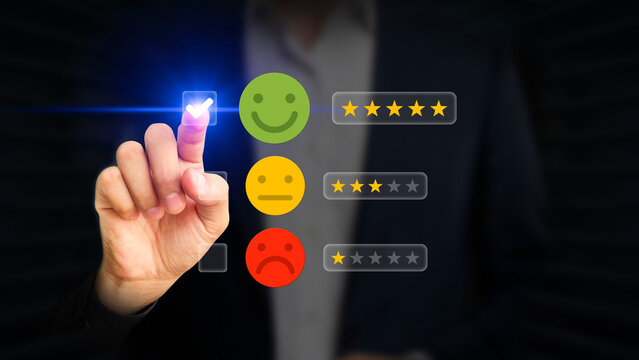 Person Giving Excellent Feedback on Virtual Screen. Digital Rating Interface. Happy Customer Review, Customer Satisfaction, Positive Experience, 5 Star Rating