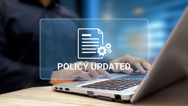 Policy Update Concept. New Rules and Regulations. Person Using Laptop with Policy Updated Notification. Corporate Compliance, Governance, Regulatory Change, Policy Implementation,Digital Documentation