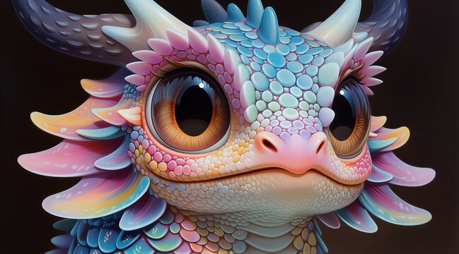 Close up portrait of a cute colorful dragon. Mythical fantasy creature with pastel scales and large eyes. Digital illustration of a small dragon face
