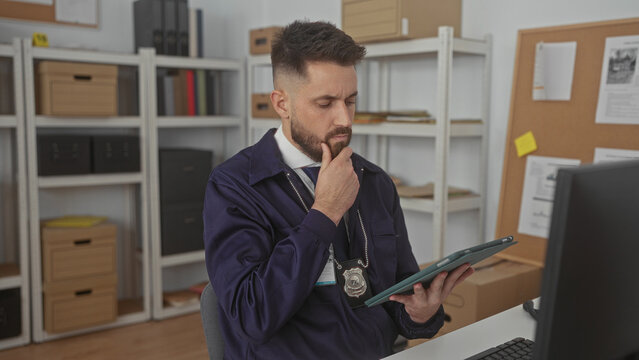 Hispanic man police detective with badge and id holding tablet and rubbing temple in office building; investigative fatigue.