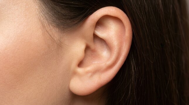 Close up cropped detail photo of a female human ear without accessory and hair for skincare cosmetic treatment.
