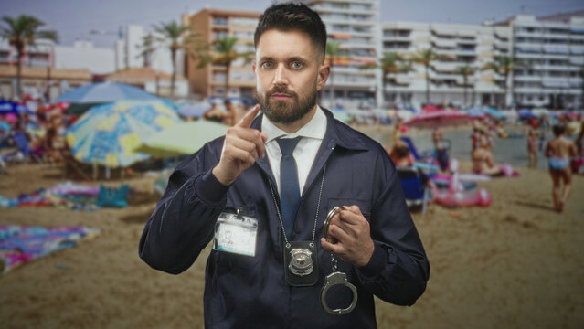 Hispanic man police detective holding handcuffs and pointing finger toward camera on crowded beach with badge visible; determination duty.