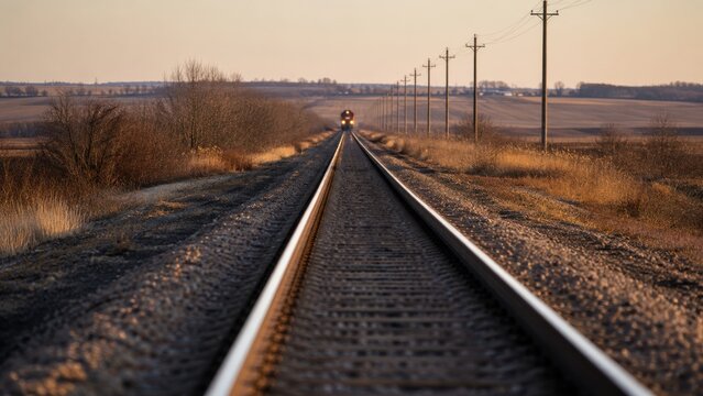Railroad tracks stretching into the distance at sunset. Empty train line leading towards power lines and open fields in golden hour light.