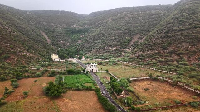 Drone aerial view of Nalhar Mahadev Temple with Aravalli Hills, Haryana
