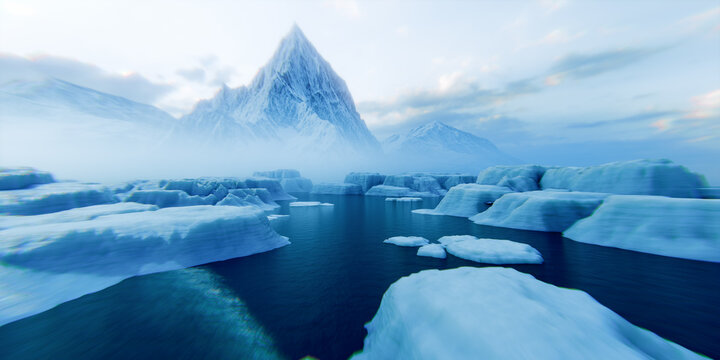 cold frozen ocean landscape featuring massive icebergs floating in dark blue water under majestic snowy mountain peak covered with heavy winter fog