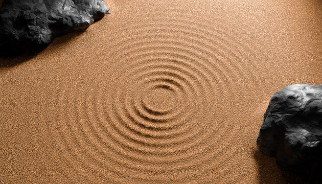 top down view showing traditional japanese zen garden featuring circular patterns raked into brown sand flanked by two dark textured rough rocks
