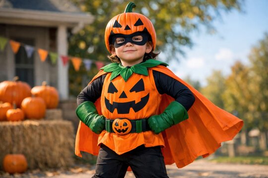 Smiling child wearing pumpkin superhero costume celebrating Halloween outdoors with festive autumn decorations