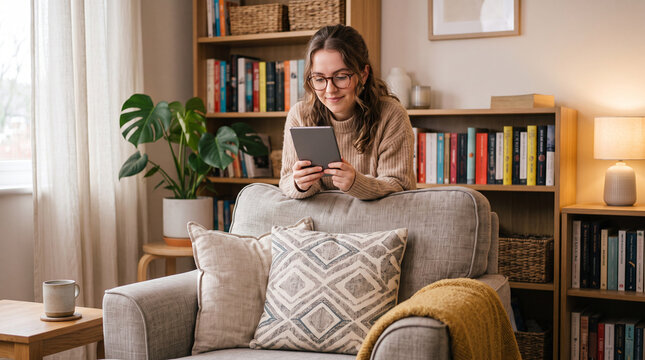  Young woman in glasses reading ebook using digital reader while sitting in comfortable armchair at home