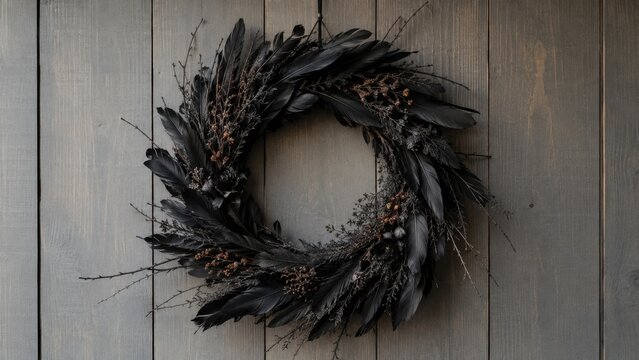 Black feather wreath with dried branches on rustic wooden wall for Halloween decor display