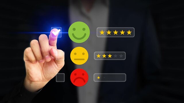 Person Giving Excellent Feedback on Virtual Screen. Digital Rating Interface. Happy Customer Review, Customer Satisfaction, Positive Experience, 5 Star Rating. 4K Video