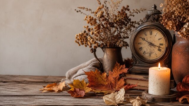 Cozy autumn still life with vintage clock candle dried flowers and colorful maple leaves on rustic table