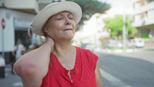 Senior hispanic woman wearing a straw hat and red sleeveless top, hand on neck, grimacing and looking upward while standing at a city street crosswalk; discomfort.