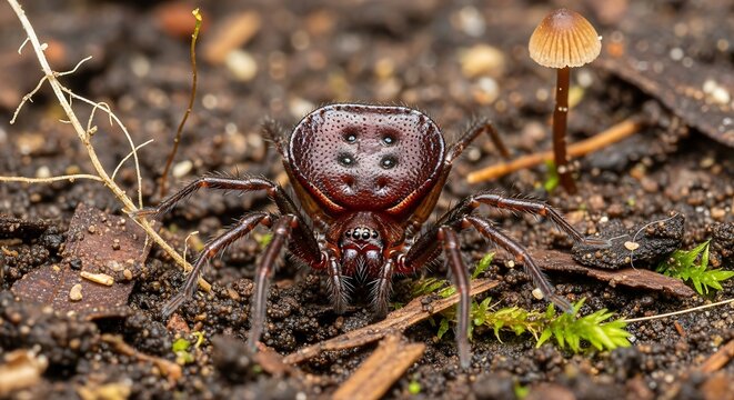 rare hooded tick spider in tropical soil habitat