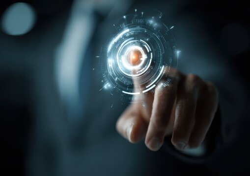 Professional executive touching glowing data node on virtual hud interface with technology business holographic interface innovation management corporate strategy professional
