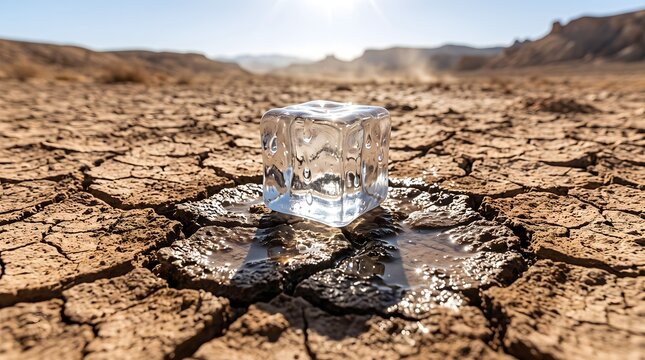 Melting Ice Cube on Dry Cracked Earth Global Warming Concept