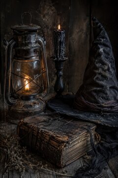 Halloween witch still life with vintage lantern candle spell book and magic hat on rustic wooden table