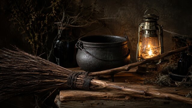 Halloween witch cauldron with rustic broom vintage lantern and dark magical ritual background