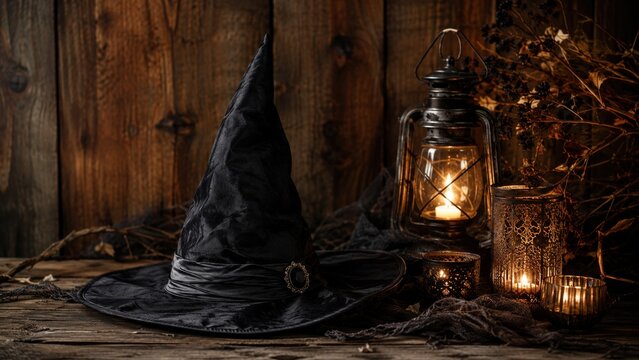 Halloween witch hat with vintage lantern and glowing candles on rustic wooden background with copy space