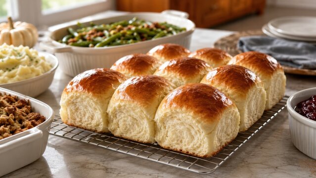 Fresh homemade dinner rolls cooling beside classic Thanksgiving side dishes on a festive kitchen counter